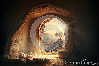 Empty tomb of Christ after the ressurection Cartoon Illustration