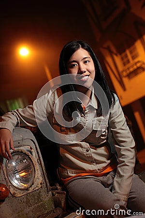 Rugged girl with jeep Stock Photo