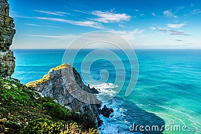 Rugged rocks and steep cliffs of Cape Point in the Cape of Good Hope Nature Reserve Stock Photo