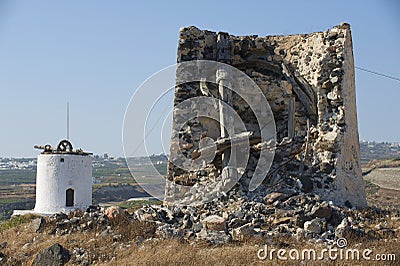 Ruin of ancient windmill, Santorini, Greece. Stock Photo