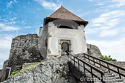 Ruin castle of Visegrad, Hungary, ancient architecture with stai Stock Photo