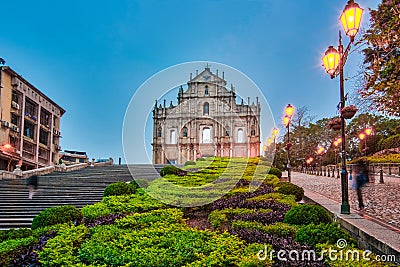 The Ruin of the Church Facade at night in Macao, China Stock Photo