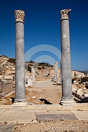 Ruin of a church or temple in the ancient city of Knidos, one of the ancient cities of Anatolia, Turkey Mugla Datca, June 26 2023 Stock Photo