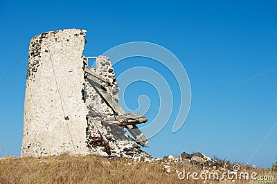 Ruin of old windmill at Santorini, Greece. Stock Photo