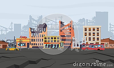 Ruined abandoned broken natural disasters district panorama. Earthquake disaster destroyed houses and city buildings Vector Illustration