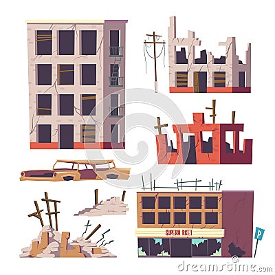 Ruined abandoned houses and car set, old buildings Vector Illustration