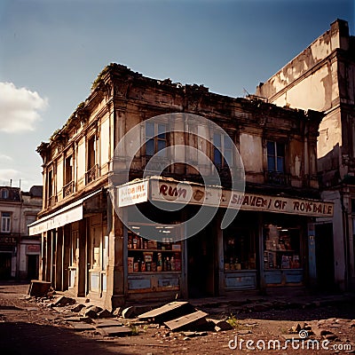 Ruined, destroyed empty abandoned shop store business premises Stock Photo