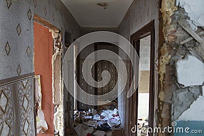 Ruined house rooms inside, abandoned dwelling Stock Photo