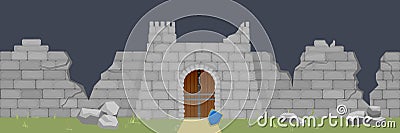 Ruined medieval fortress illustration. Broken walls and fortifications smashed by catapults thrown. Vector Illustration