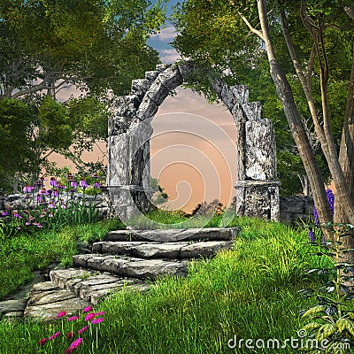 Ruined stone arch in the spring garden Stock Photo