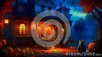 A ruined Victorian mansion. Night. A Halloween pumpkin lantern with carved eyes, nose and mouth shines in the courtyard, and black Stock Photo