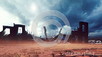 The ruins of an abandoned destroyed post-apocalyptic city at sunset. The Concept Of Apocalypse. 3D Rendering Stock Photo