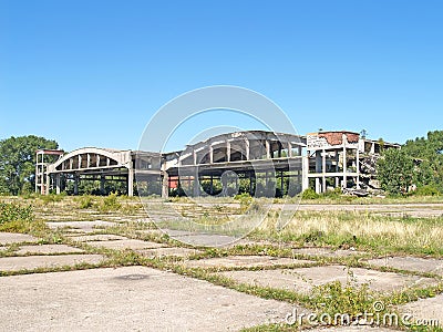 Ruins of aircraft hangars of the old German airfield Noitif. Baltiysk, Kaliningrad region Stock Photo