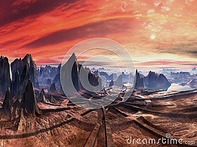 Ruins of Alien Landing Site at Sunset Stock Photo