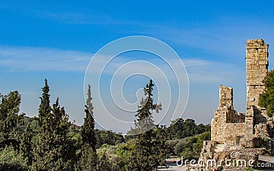 The ruins of the ancient Acropolis of Athens in sunny summer day with blue sky, Greece, Europe Stock Photo