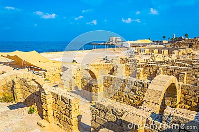 Ruins of ancient bathhouse at Caesarea in Israel Stock Photo