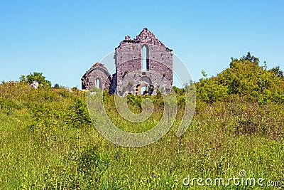 Ruins of ancient church. Montenegro, Ulcinj. Meadow near Old Town Shas Stock Photo