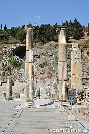 The ruins of the ancient city of Ephesus in Turkey. Columns of the Roman basilica Stock Photo