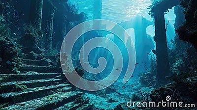 Ruins of ancient city sunk at bottom of sea. Atlantis like sunken city. Stock Photo