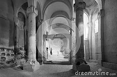 Ancient ruins of White church of Rose Valley in Cappadocia Stock Photo