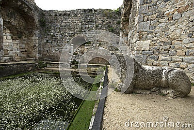Ruins of ancient fausta bath pool and lion sculpture in Miletus ancient city, Turkey Stock Photo