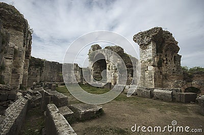 Ruins of ancient fausta bath pool and lion sculpture in Miletus ancient city, TurkeyView from side of Miletus ancient theater ruin Stock Photo