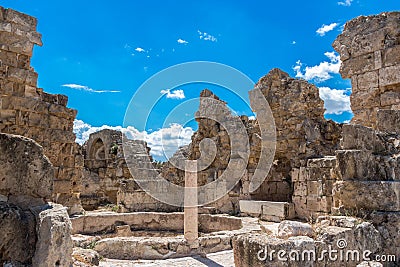 Ruins of the ancient greek city of Salamis. Medieval columns, wall and stones, historical architecture, tourist place, Cyprus, Stock Photo