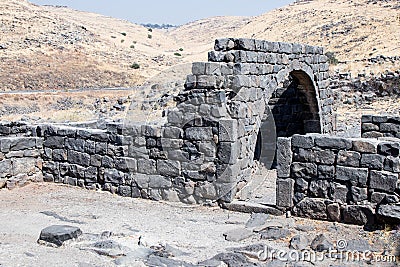 The ruins of the ancient Hebrew city Korazim Horazin, Khirbet Karazeh, destroyed by an earthquake in the 4th century AD, on the Stock Photo