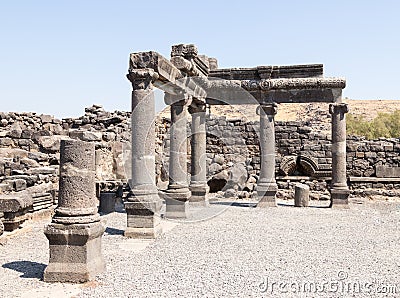 The ruins of the ancient Hebrew city Korazim Horazin, Khirbet Karazeh, destroyed by an earthquake in the 4th century AD, on the Stock Photo