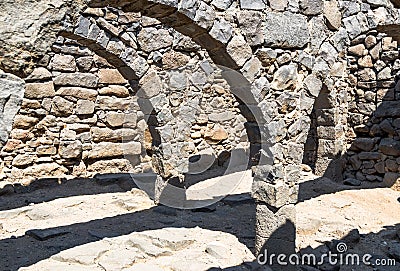 The ruins of the ancient Hebrew city Korazim Horazin, Khirbet Karazeh, destroyed by an earthquake in the 4th century AD, on the Stock Photo