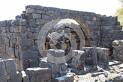 The ruins of the ancient Hebrew city Korazim Horazin, Khirbet Karazeh, destroyed by an earthquake in the 4th century AD, on the Stock Photo