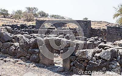 The ruins of the ancient Hebrew city Korazim Horazin, Khirbet Karazeh, destroyed by an earthquake in the 4th century AD, on the Go Stock Photo