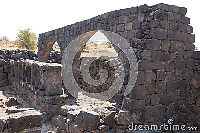 The ruins of the ancient Hebrew city Korazim Horazin, Khirbet Karazeh, destroyed by an earthquake in the 4th century AD, on the Go Stock Photo