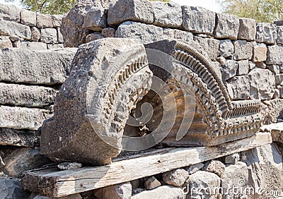 The ruins of the ancient Hebrew city Korazim Horazin, Khirbet Karazeh, destroyed by an earthquake in the 4th century AD, on the Stock Photo