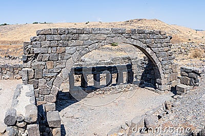 The ruins of the ancient Hebrew city Korazim Horazin, Khirbet Karazeh, destroyed by an earthquake in the 4th century AD, on the Stock Photo