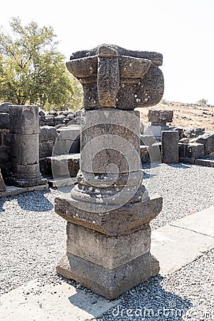 The ruins of the ancient Hebrew city Korazim Horazin, Khirbet Karazeh, destroyed by an earthquake in the 4th century AD, on the Stock Photo