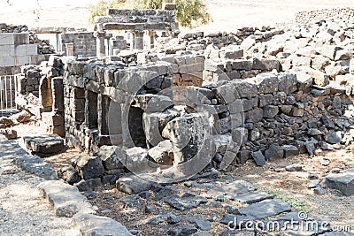 The ruins of the ancient Hebrew city Korazim Horazin, Khirbet Karazeh, destroyed by an earthquake in the 4th century AD, on the Stock Photo