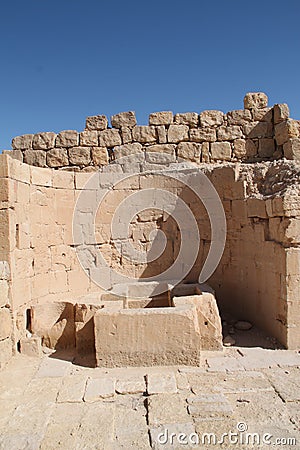 Ruins of Baptismal Font in Byzantine Church at Shivta, Ancient Nabataeans and Byzantine City, Israel Stock Photo