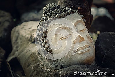 Ruins of an Buddha Image Headl at Phutthaisawan Temple in Ayuthaya Historical Park, UNESCO World Heritage Site Stock Photo