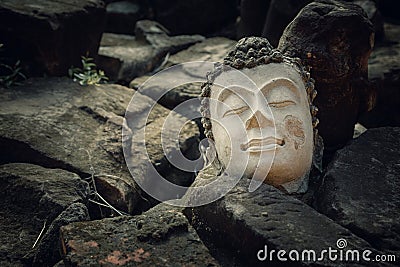 Ruins of an Buddha Image Headl at Phutthaisawan Temple in Ayuthaya Historical Park, UNESCO World Heritage Site Stock Photo