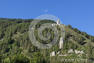 The ruins of Castel Rotund and Castle Reichenberg in Tubre, Taufers im MÃ¼nstertal, South Tyrol, Italy Stock Photo