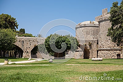 Ruins of the castle and city walls of Rhodes. Stock Photo