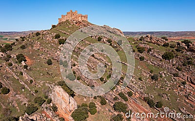 Ruins of Castle of Riba de Santiuste from afar, drone photo Stock Photo