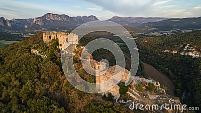 Ruins of the castle of Soyans in Provence in the Drôme during sunset, France. Stock Photo