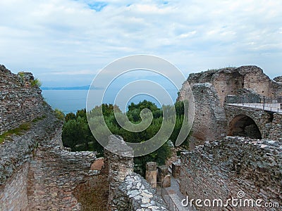 Ruins of Catullus Caves, roman villa in Sirmione, Garda Lake Stock Photo