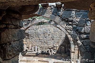 Ruins of a Christian monastery of the 6th century AD in the abandoned village of Deir Qeruh in the Golan Heights, Israel Stock Photo