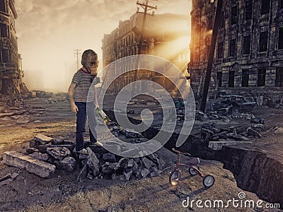 Ruins of a city and the boy Cartoon Illustration