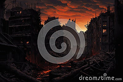 Ruins of a city at sunset. 3d rendering. Computer digital drawing. A haunting image of a once vibrant cityscape transformed into a Stock Photo