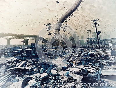 Ruins of a city and tornado Cartoon Illustration