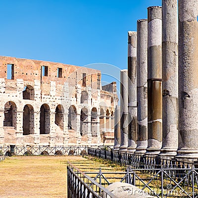 The ruins of the Colosseum and columns of the temple of Venus in Stock Photo